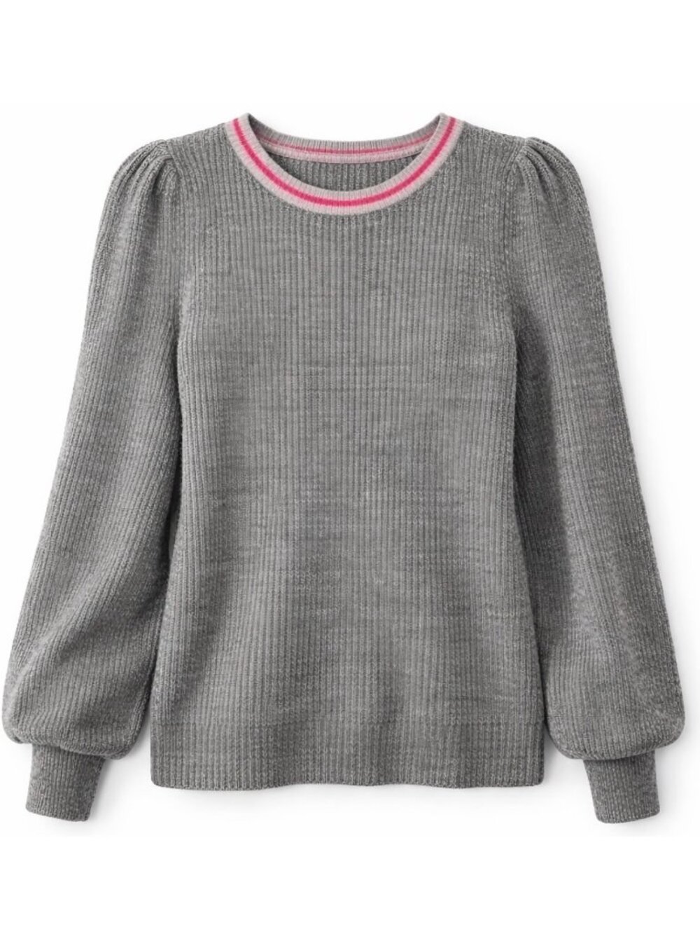 Halogen Puff Sleeve Sweater Gray Pink Trim Fuzzy Knit Crew Neck Soft Cozy XS